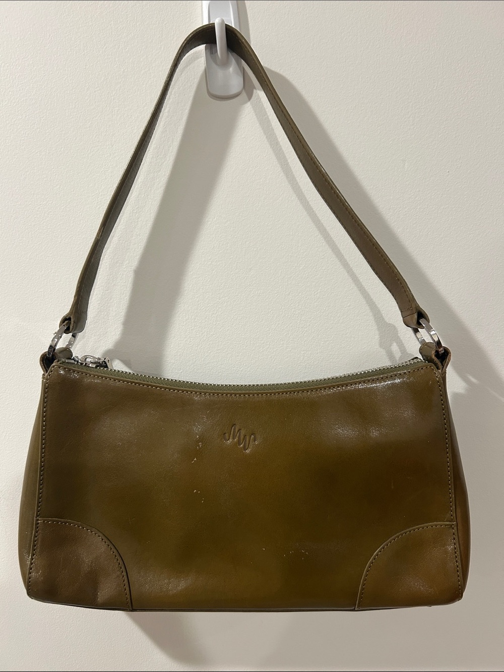 Olive green leather Monsac purse handbag short strap